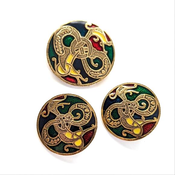Vintage Miracle Celtic Enameled Demi Parure Brooch and Clip On Earring Set - Picture 1 of 4